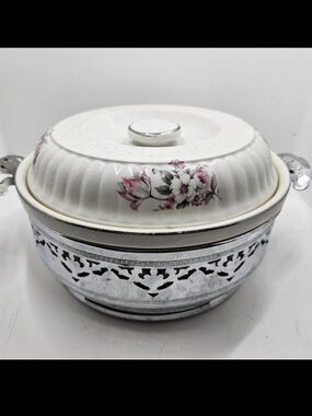 Vintage Forman Family Casserole Dish Chrome Trivet Pink Floral Pattern 2 Qt